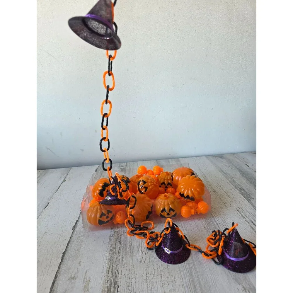 Vintage plastic string light blow mold pumpkin Halloween jack o'lantern witch ha